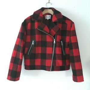 Vigoss Buffalo Plaid Check Crop Moto Zipper Jacket